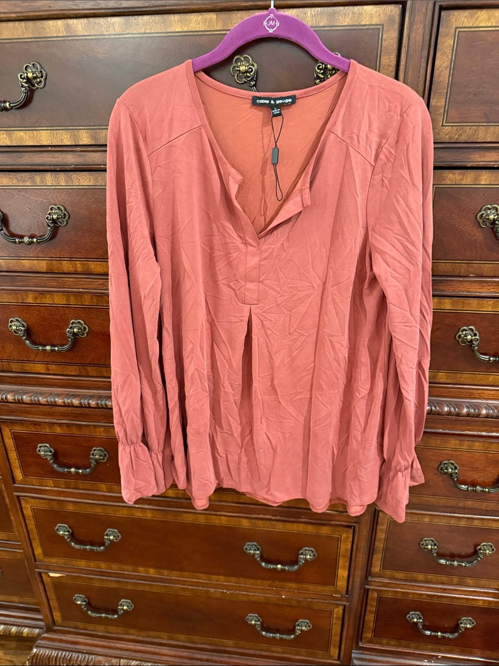 Cable & Gauge Salmon V-Neck Long-Sleeve Blouse